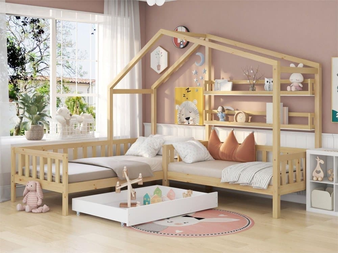 Cama Cabina 90x200cm + 140x70cm De Madera Maciza - Con Cajones Y Estantes + Somier - Natural