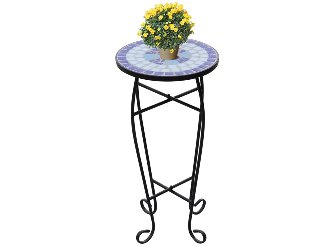 Mesa Auxiliar | Mesa Lateral Para Plantas Mosaico Azul Y Blanco
