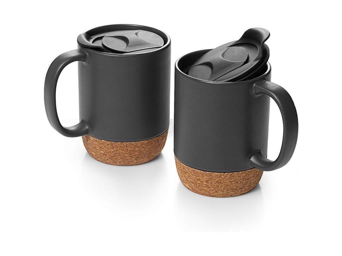 2026-40471-juego De 2 Tazas De Cerámica 15 Oz Con Tapa Antisplash Y Suela De Corcho Aislante Para Café Y Té Gris Mate