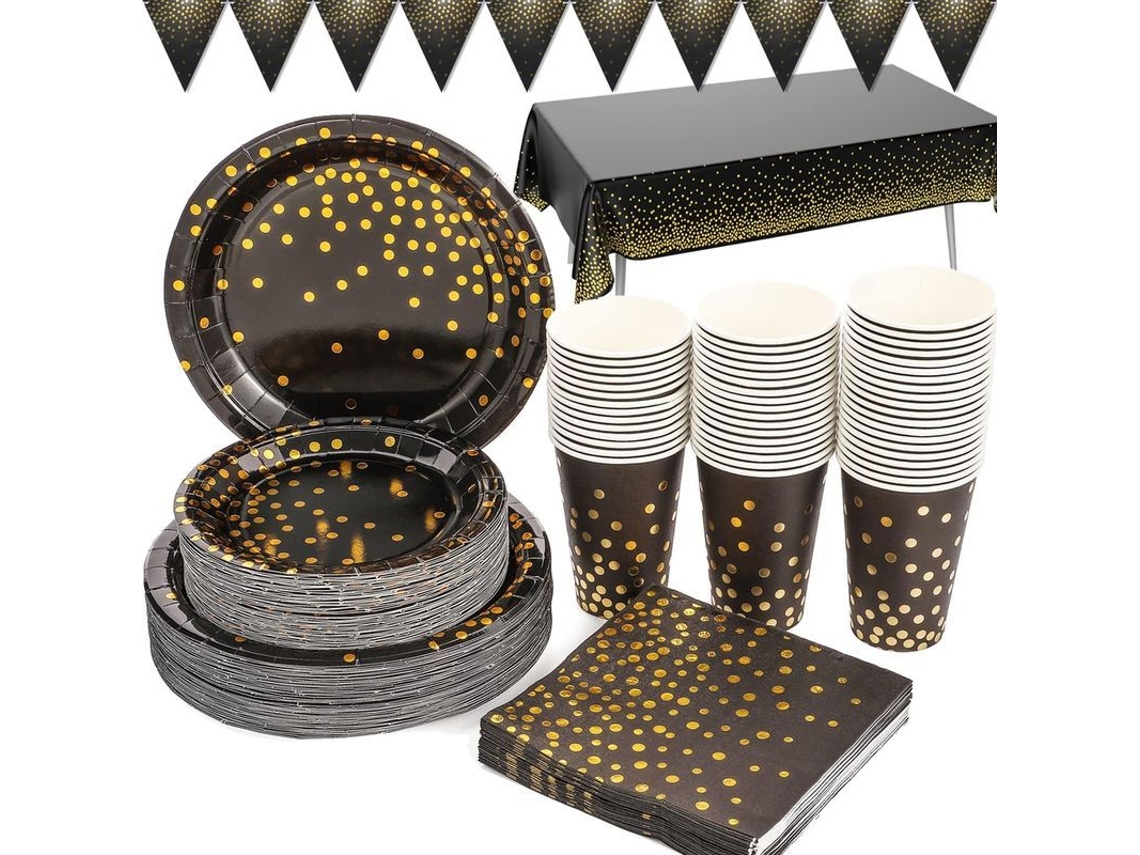 Artículos Para Fiestas En Negro Y Dorado, 66 Piezas. Incluye Platos, Servilletas, Vasos, Mantel Y Pancarta Para Fiestas De Cumpleaños.