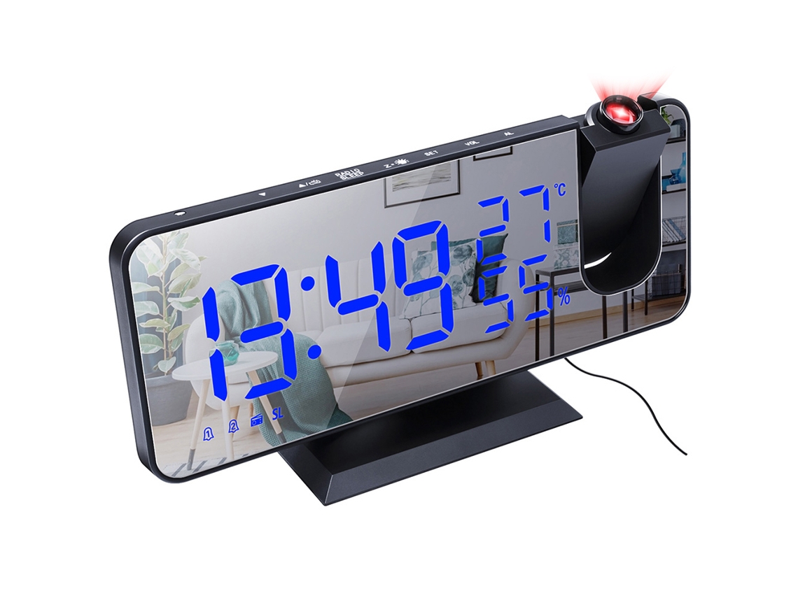 Reloj despertador digital LED con proyector y radio.