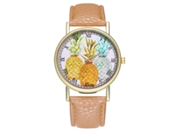 Reloj De Pulsera Unisex De Cuarzo Con Correa De Pu Con Estampado De Piña Y Esfera Redonda Beige.