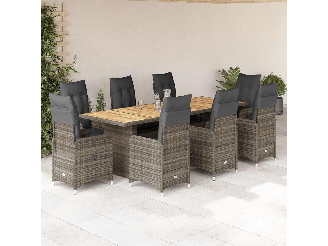 9 Pcs Conjunto Bistrô De Jardin C/ Almofadas Vime Pe Cinzento Dkd Home Decor