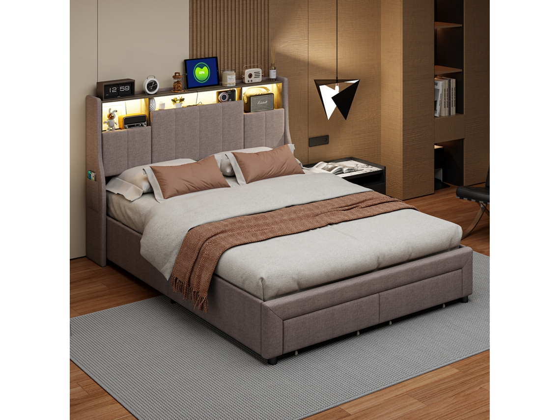 Cama Doble 160 X 200 Cm, Cama Tapizada Con Led, Usb Y 2 Cajones En La Cabecera Con Espacio De Almacenamiento Gris Lino