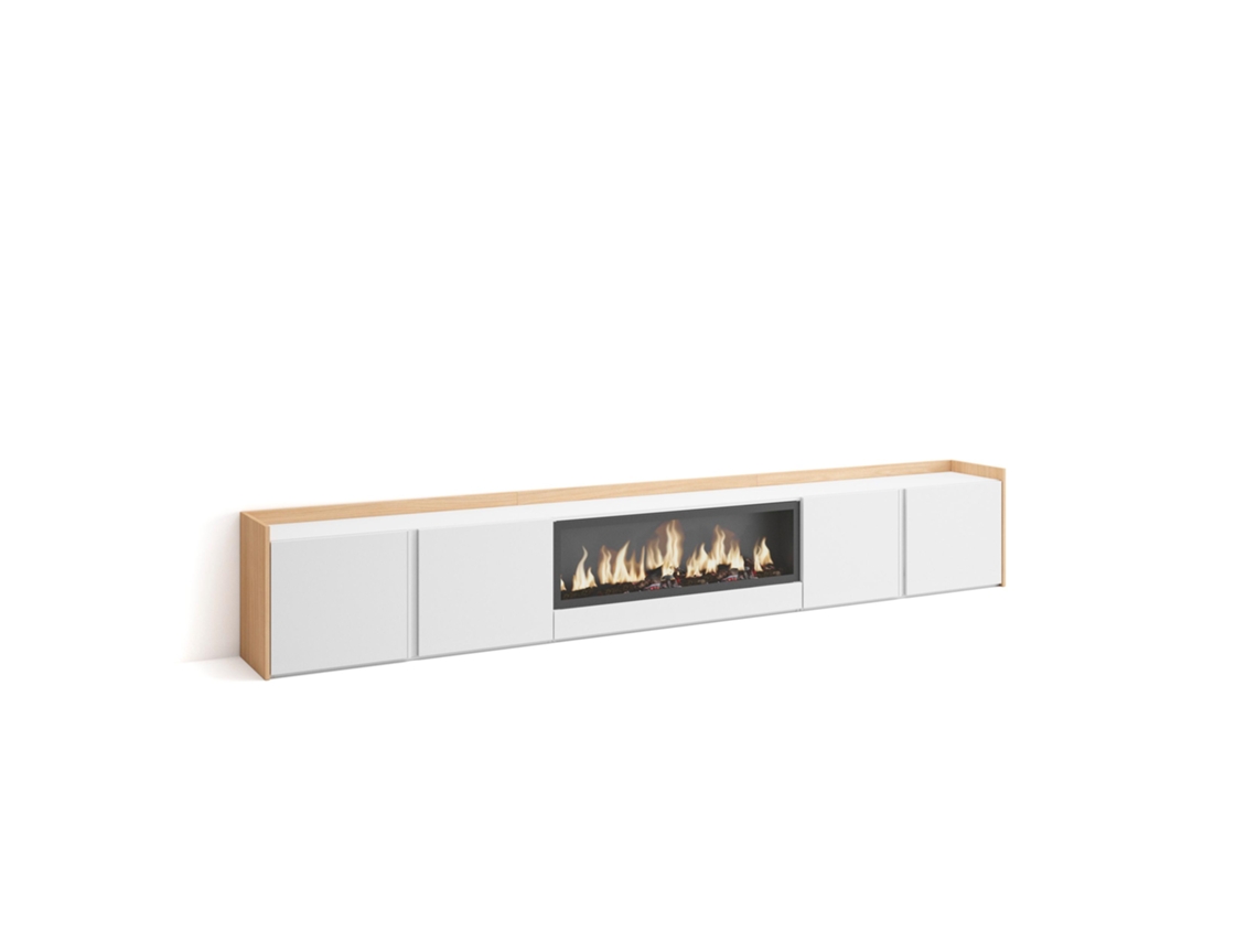 Mueble Tv, Televisión, 315x35x50cm, Para Tv Hasta 80", Chimenea Eléctrica Xxl, Blanco Y Roble Soft