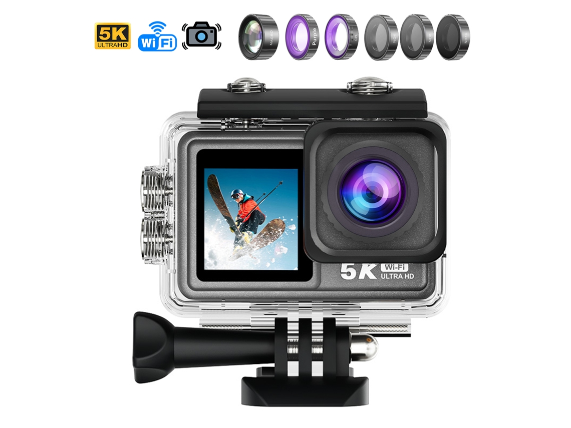 Cámara deportiva M81 TR 5K 30fps con 50 MP, pantalla dual de 2'' y 1.3'', estabilizador de imagen, varios accesorios, 6 filtros y Wi-Fi.