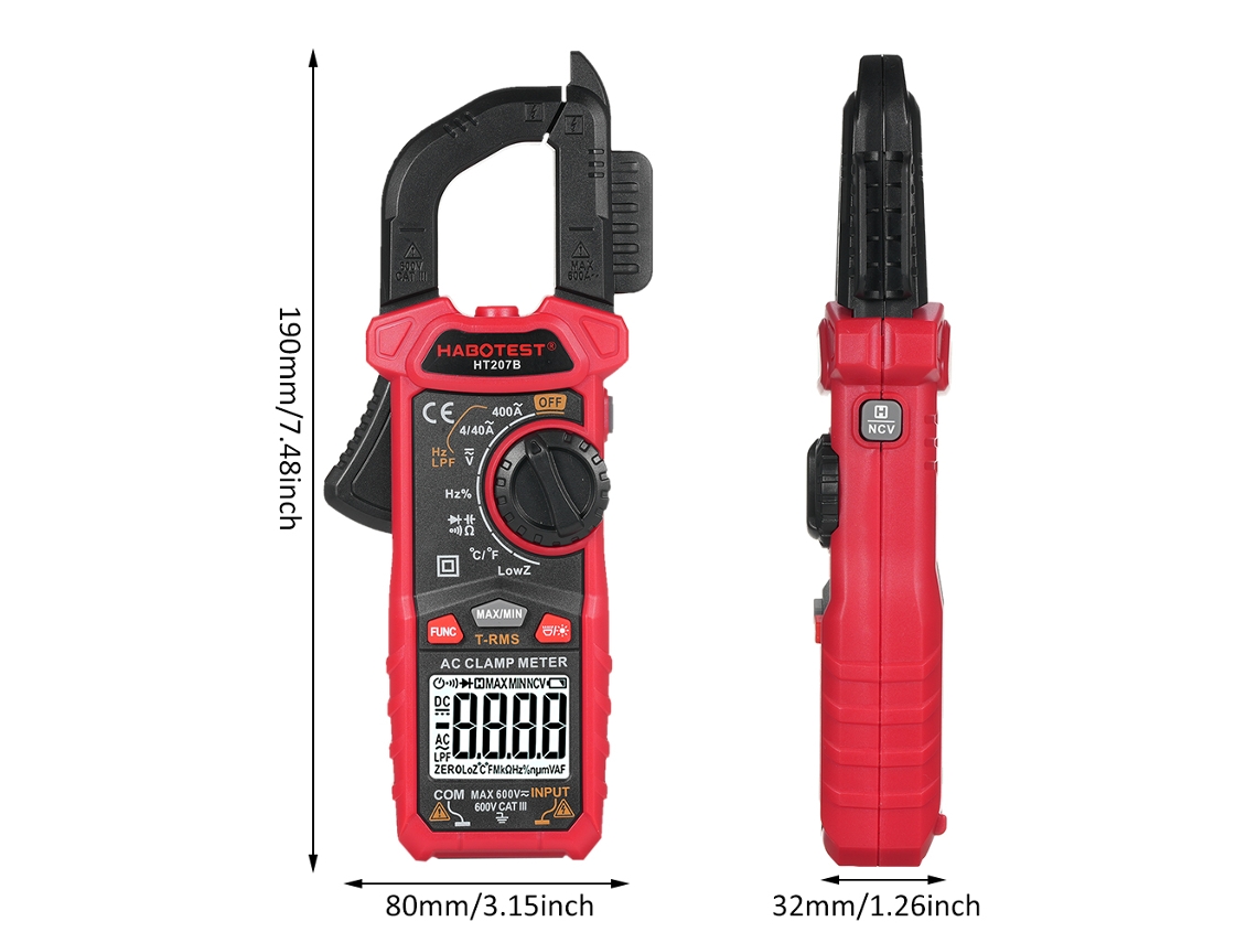 Multímetro Digital De Pinza Habotest Ht207b, 4000 Cuentas Rms, Voltaje, Corriente Y Resistencia Ca/cc Reales.