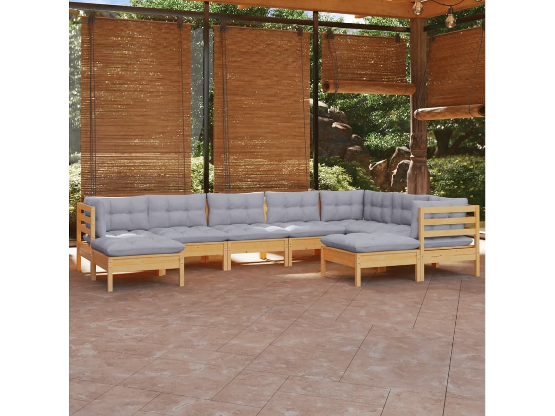 Conjunto de jardín de 9 piezas con cojines de pino macizo gris DKD Home Decor
