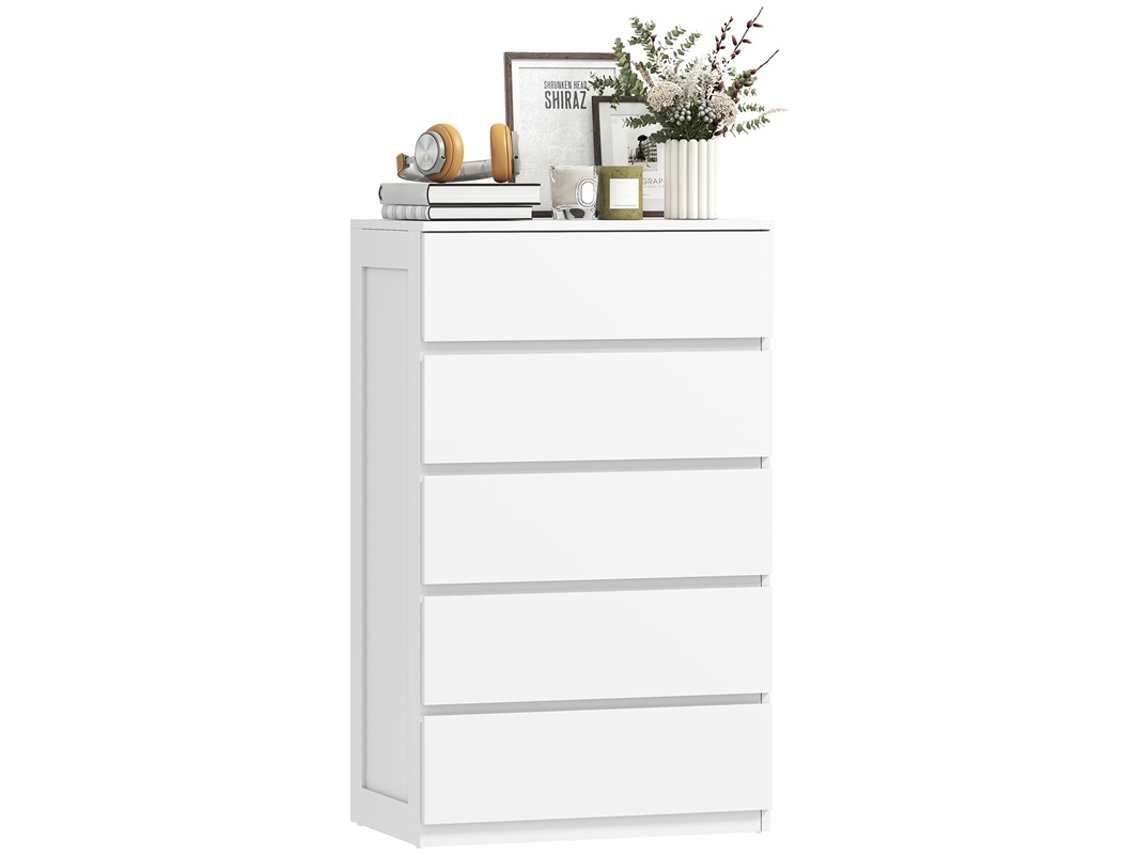 Cómoda De Madera Blanca Con 5 Cajones Y Tiradores Acanalados, 60x38x100cm.