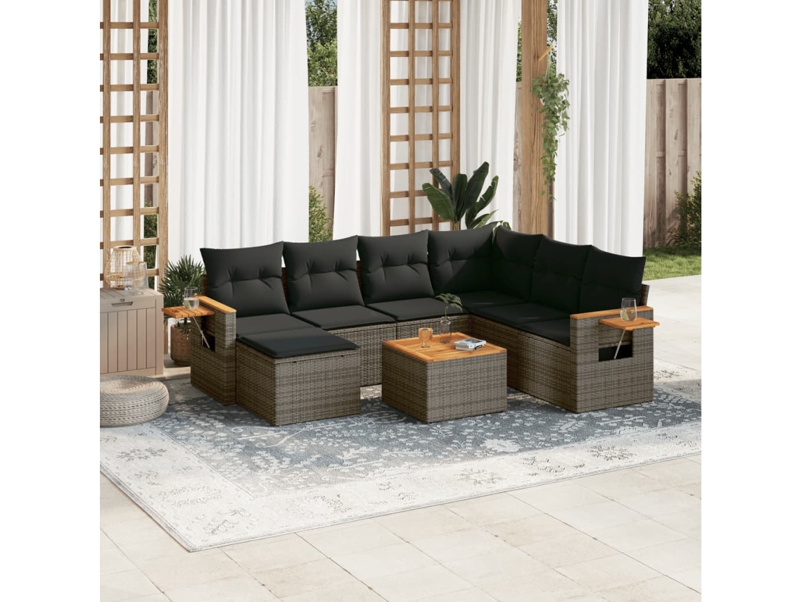 Conjunto de sofá de jardín de 8 piezas con cojines, ratán gris, DKD Home Decor