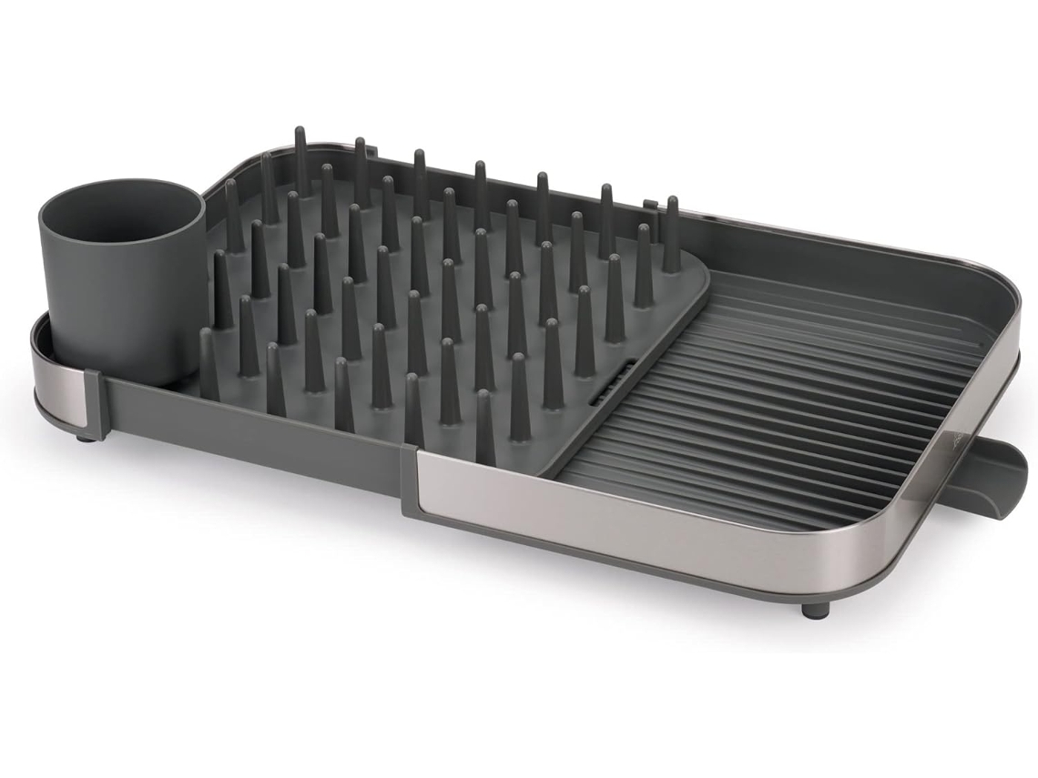 Escurridor extensible Joseph Joseph Duo de acero inoxidable para secar utensilios de cocina: diseño ajustable, duradero, fácil de limpiar y optimiza el espacio.