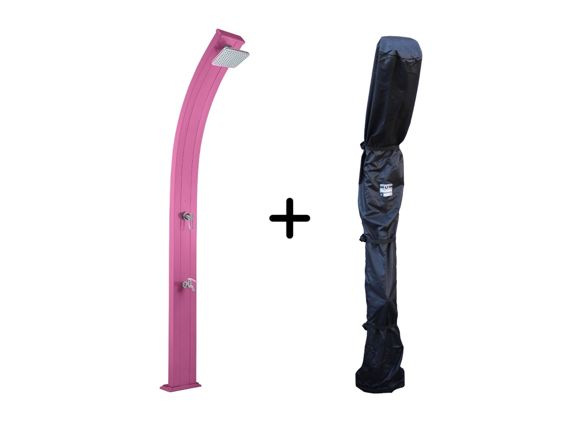 Ducha solar de 30 litros color rosa con lavapiés y tapa de ducha.