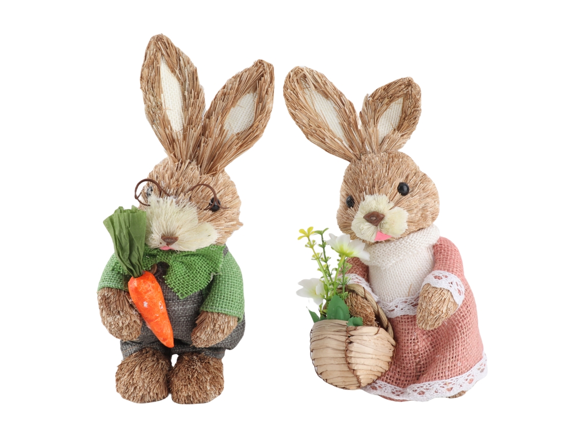 2 Mini Conejos De Paja De 25 Cm, Adorable Pareja Para Decoración Del Hogar En Pascua Y Primavera.
