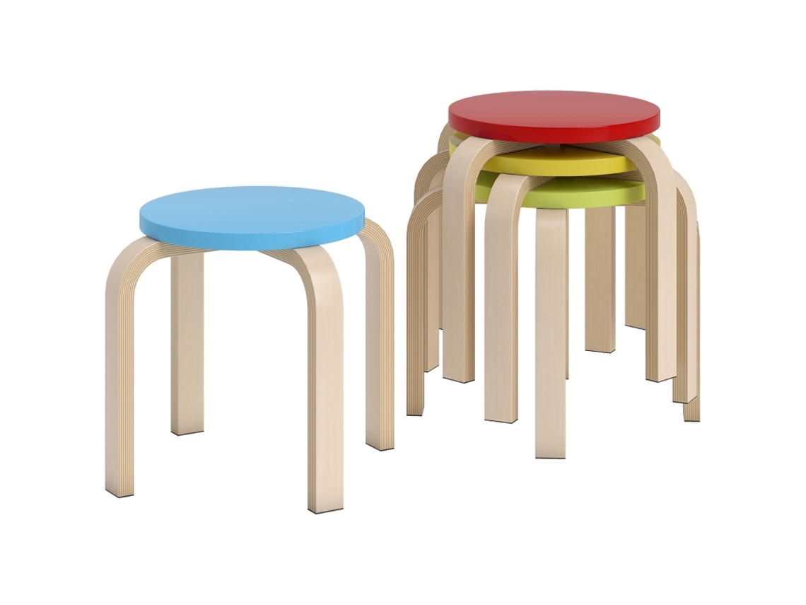 Juego De 4 Taburetes Apilables De Abedul, Lacados, Multicolor.