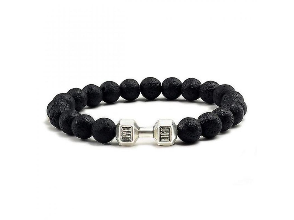 Pulsera de levantamiento de pesas en piedra volcánica negra natural 2026 con perlas esmeriladas para hombres y mujeres, joyería deportiva, lava negra y plata.