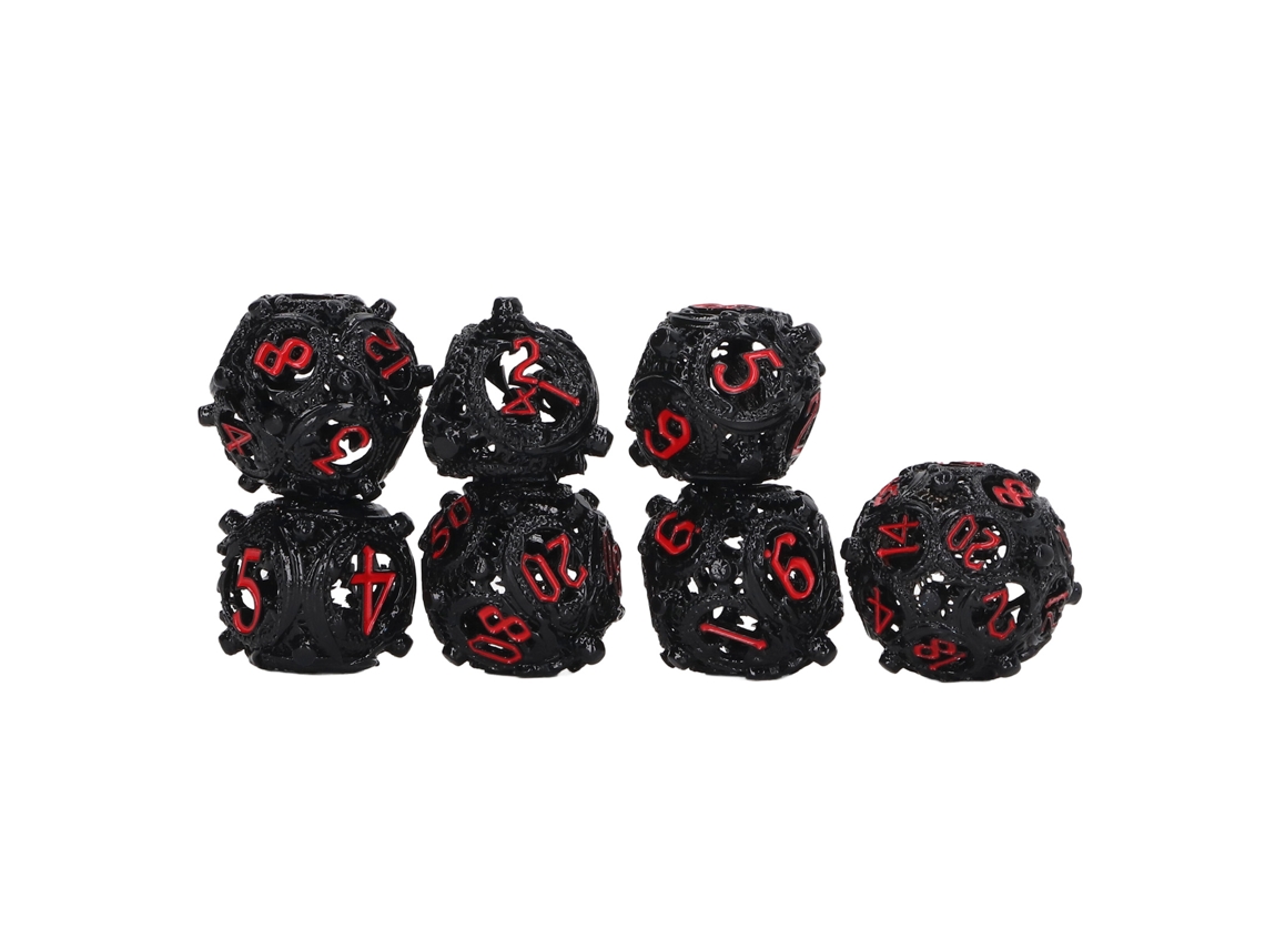 Set De 7 Dados Huecos De Cobre Metal Poliedricos Grabados Equilibrados Portátiles Para Juegos De Mesa Negro Rojo