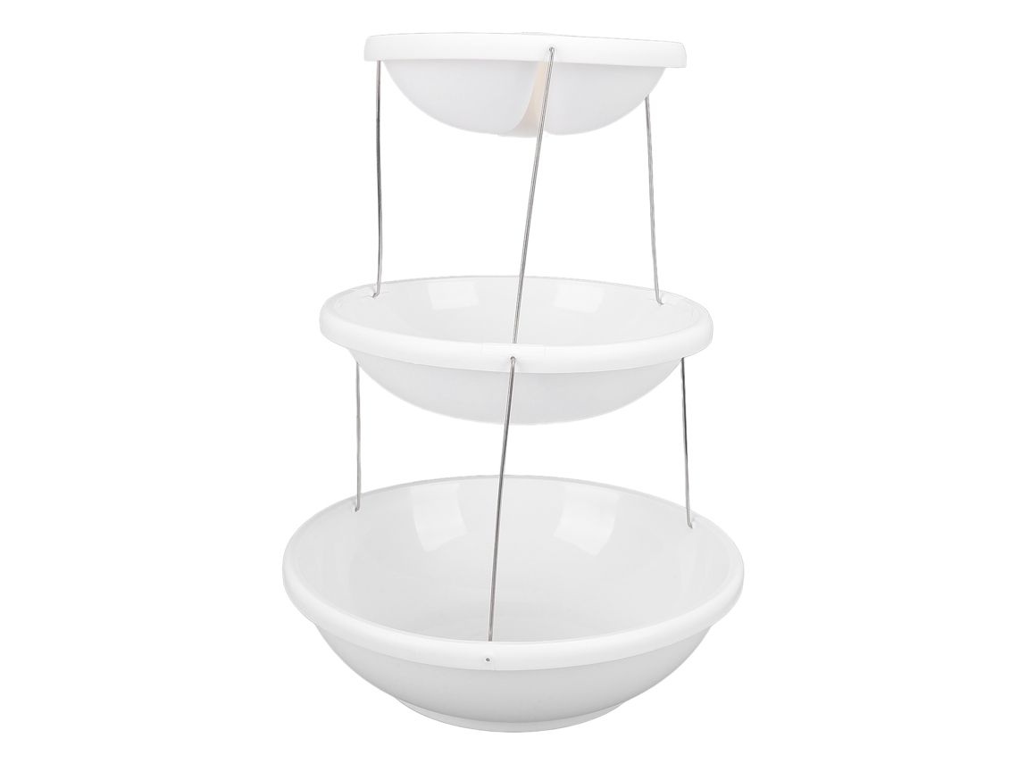 Estantería Plegable De 3 Niveles De Plástico Blanco Y Acero Inoxidable Para Postres, Frutas Y Pasteles.