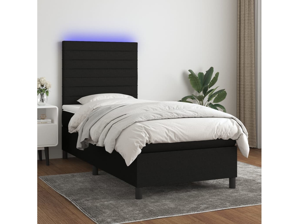 Cama Box Spring Colchón Y Luces Led Tela Negro 80x200 Cm