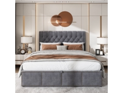 Cama Contenedor Tapizada En Terciopelo - Decorada Con Remaches - Con Somier De Láminas - 160x200cm - Gris