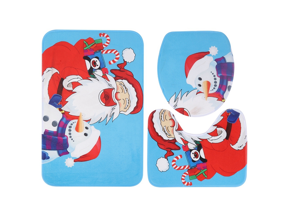 Juego de 3 alfombras de baño con tapa de inodoro, rectangulares, antideslizantes, con estampado de muñeco de nieve, color azul