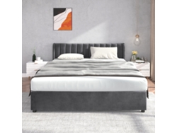 Cama Doble 180x200 Cm En Terciopelo, Base De Listones Incluida, 2 Grandes Cajones, Cabecero Acolchado, Gris