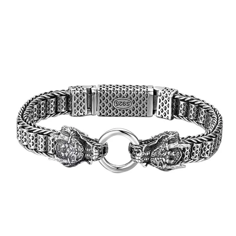 Pulsera Para Hombre Con Doble Cabeza De Dragón (20 Cm), Estilo Punk Hip Hop Retro, Tejida A Mano.