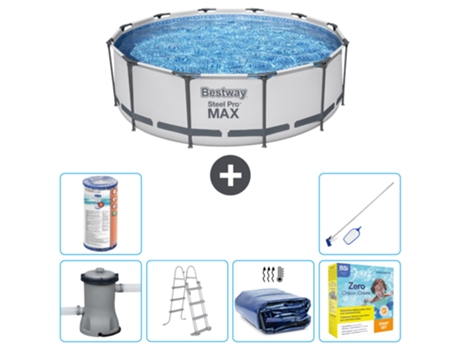 Piscina BESTWAY Round Steel Pro MAX - 366 x 100 cm - Gris - Incluida bomba - Escalera Accesorios CB28