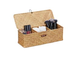 Relaxdays Caja De Almacenaje Con Tapa De Alga Marina, 3 Compartimentos, Almacenamiento Baño, 11 X 33 X 12,5 Cm, Natural