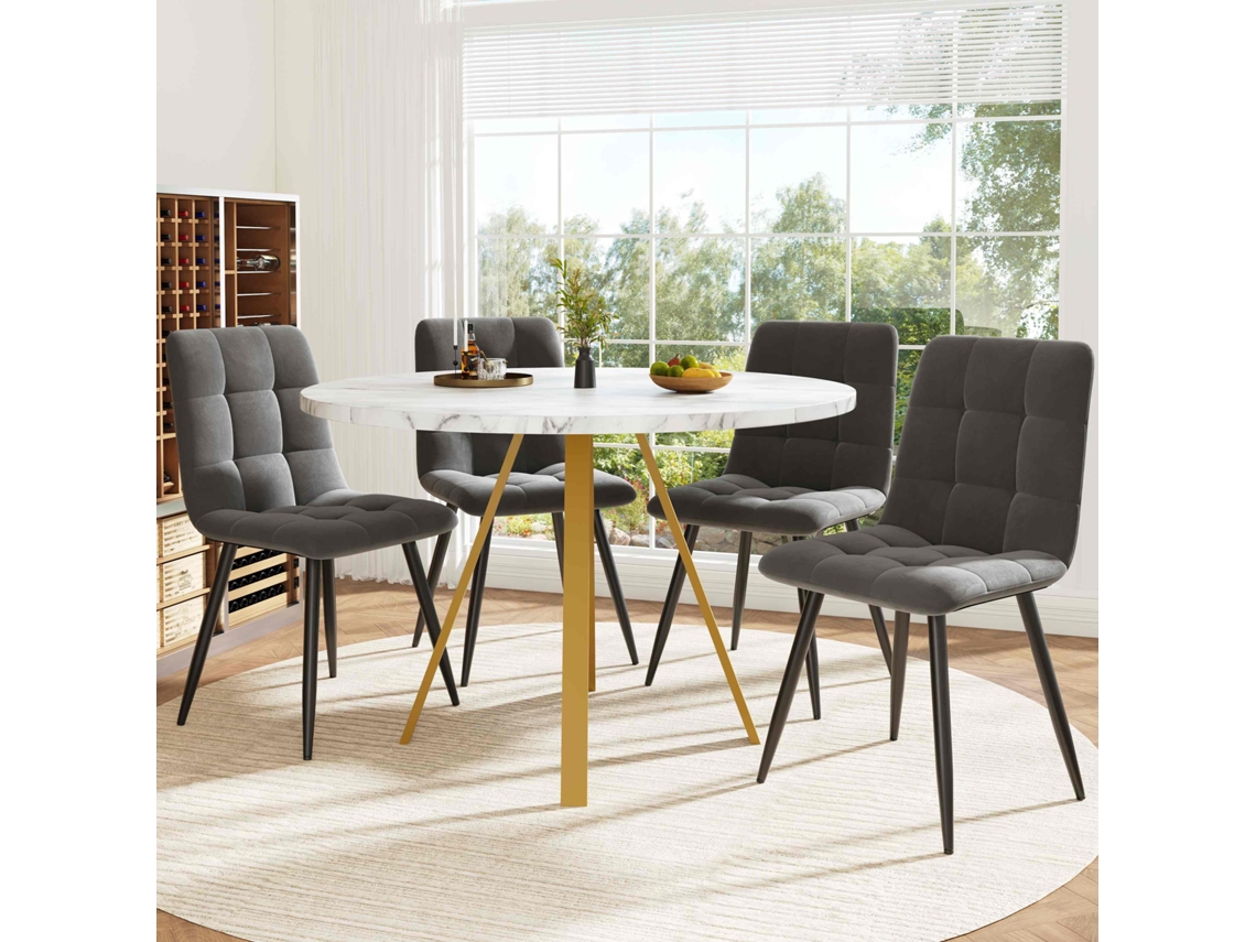 Juego de comedor de 5 piezas, mesa redonda de 80x80x75 cm, 4 sillas, terciopelo blanco, mármol, Mobrio gris