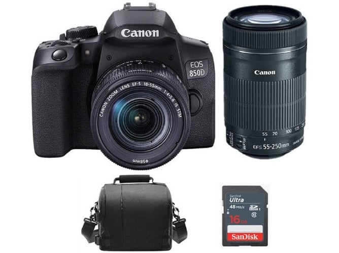 Kit Cámara Réflex CANON EOS 850D EF-S 18-55mm F4-5.6 IS STM + EF-S 55-250MM F4-5.6 IS STM + Bolsa + SD de 16GB