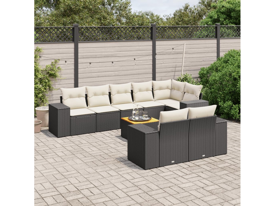 Conjunto de sofá de jardín de 9 piezas con cojines, ratán negro, Dkd Home Decor