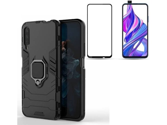 Kit Carcasa y Protector de Cristal 5D Full Cover Honor 9X, 9X Pro Military Defender 3x1 Negro