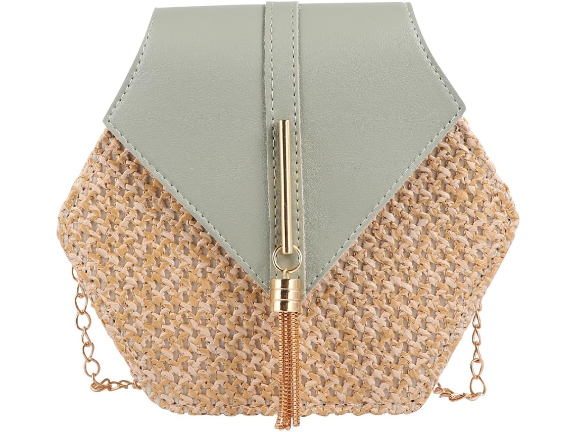 Bolso Bandolera De Piel Sintética Con Cadena De Paja Y Borla, Elegante Y Fácil De Abrir, Capacidad