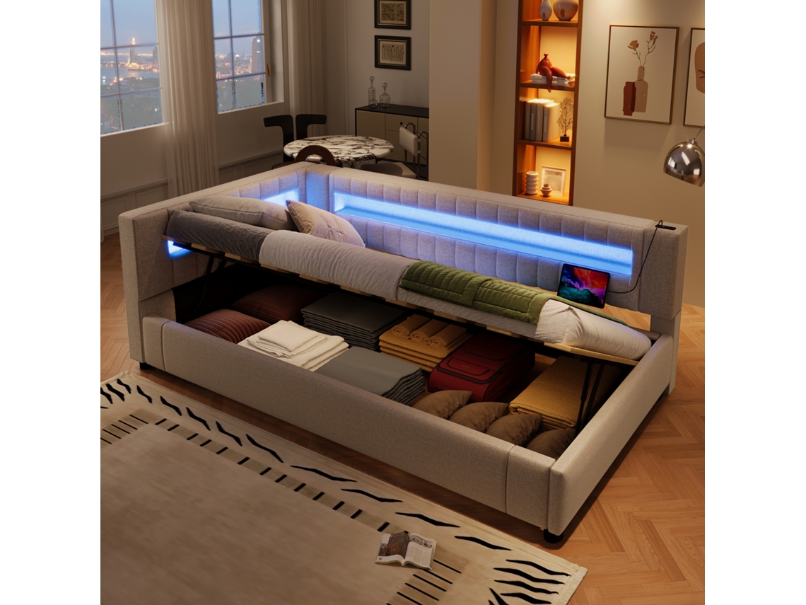 Sofá Cama 90x200 Cm Con Led, Usb/usb-c, Almacenamiento Hidráulico, Iluminación Piecero, Beige, Sin Colchón.