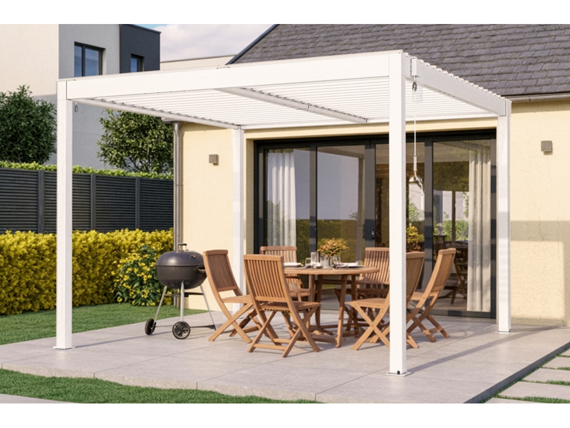 Pérgola Bioclimática Independiente De 3 X 3 M, Modelo Piana, De Aluminio Blanco, Con 1 Persiana De Protección Visual
