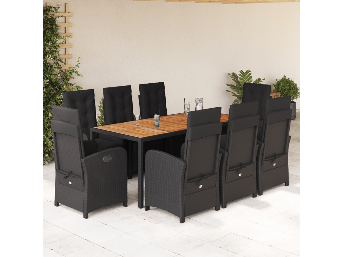 Juego de comedor de jardín de 9 piezas con cojines, mimbre sintético negro, DKD Home Decor