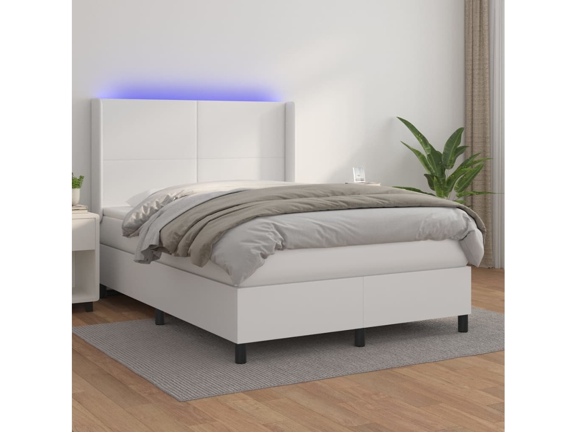 Cama Box Spring Colchón Y Led Cuero Sintético Blanco 140x200 Cm