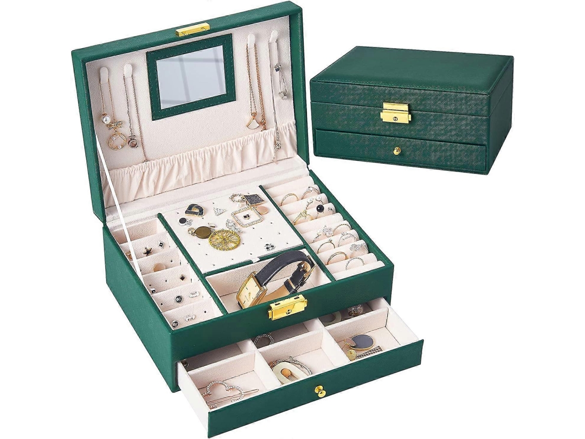 Estuche para joyas de piel sintética de doble capa, ideal para viajes, Hengjian (verde)