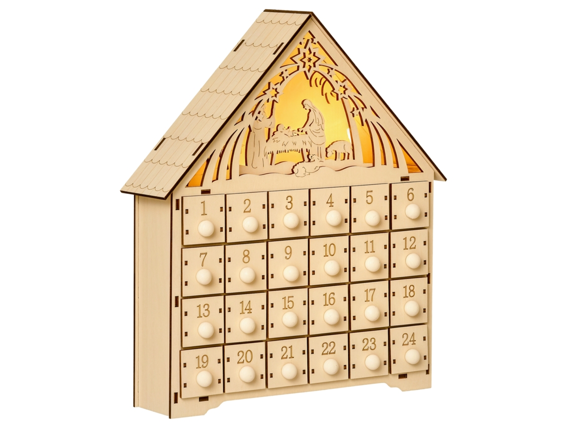 Calendario Adviento Madera 24 Cajones Belén Led Decoración Navideña