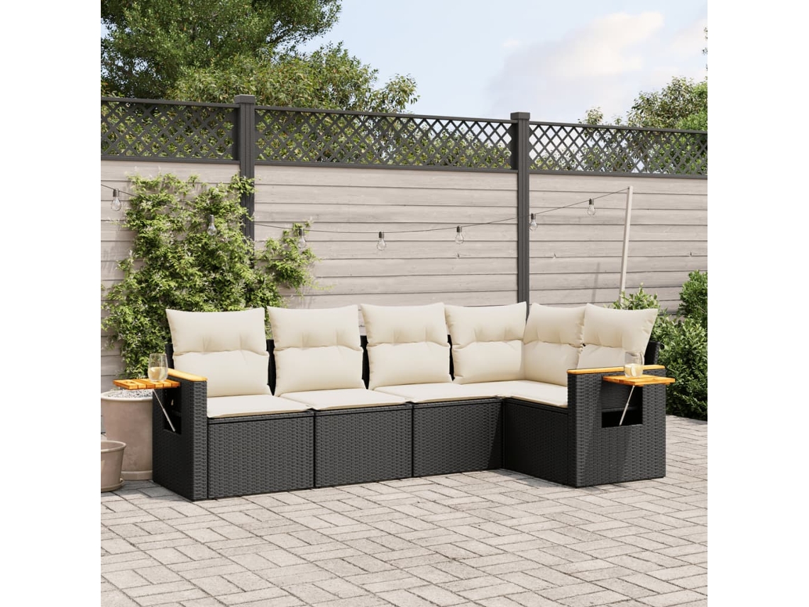 Conjunto de sofá de jardín de 5 piezas con cojines de mimbre sintético negro, Dkd Home Decor