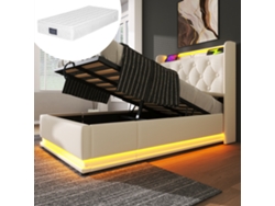Cama Infantil 90x200 Cm Con Almacenamiento, Piel Sintética Blanca, Led 360°, Usb-c, Elevación Hidráulica, Cabecero Tapizado, Colchón Incluido.