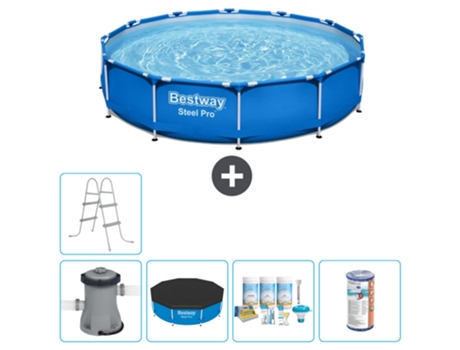 Piscina BESTWAY Round Steel Pro - 305 x 76 cm - Azul - Bomba incluida Cubrir - Paquete de mantenimiento - Filtrar - Escalera
