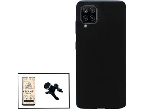 Kit Cristal Templado CeramicGlass Full Cover, Funda Silicona y Soporte Magnético de Coche Reforzado Samsung Galaxy A12 Nacho PHONECARE Negro