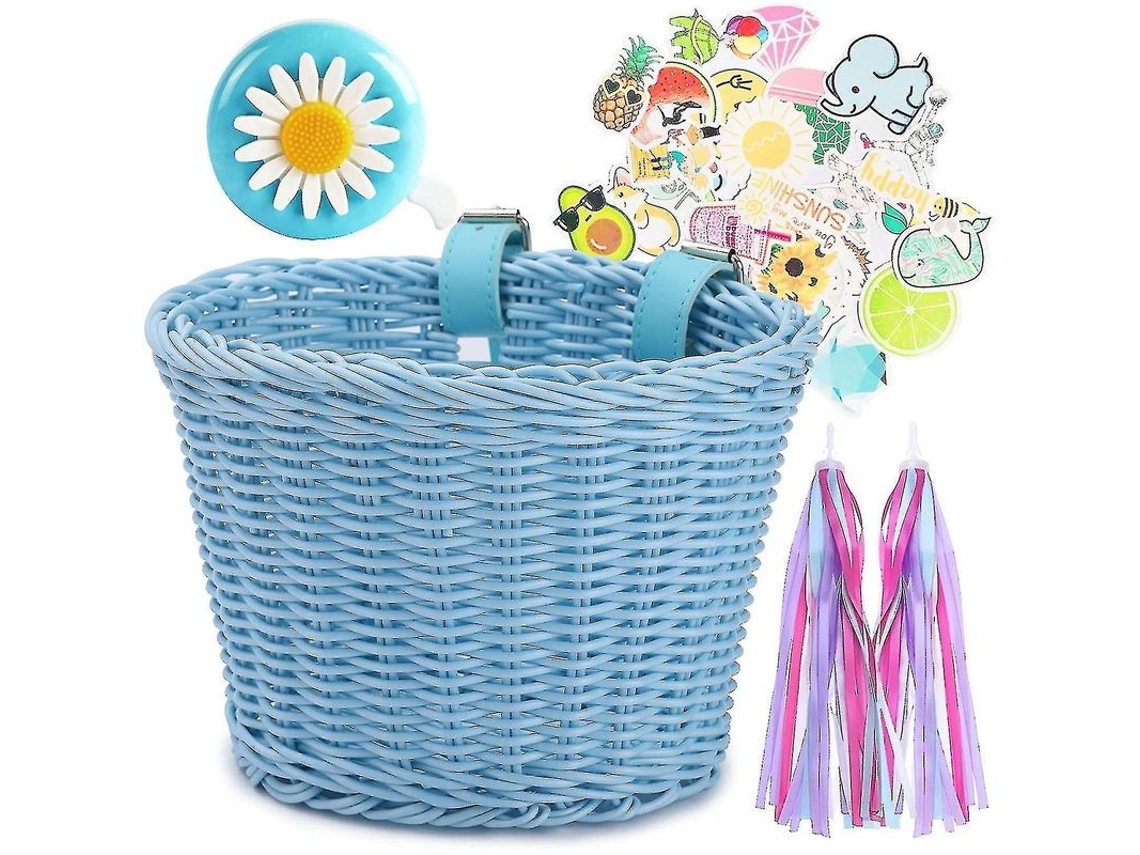 Cesta delantera para bicicleta infantil con adornos para el manillar y timbre, azul, sin marca.