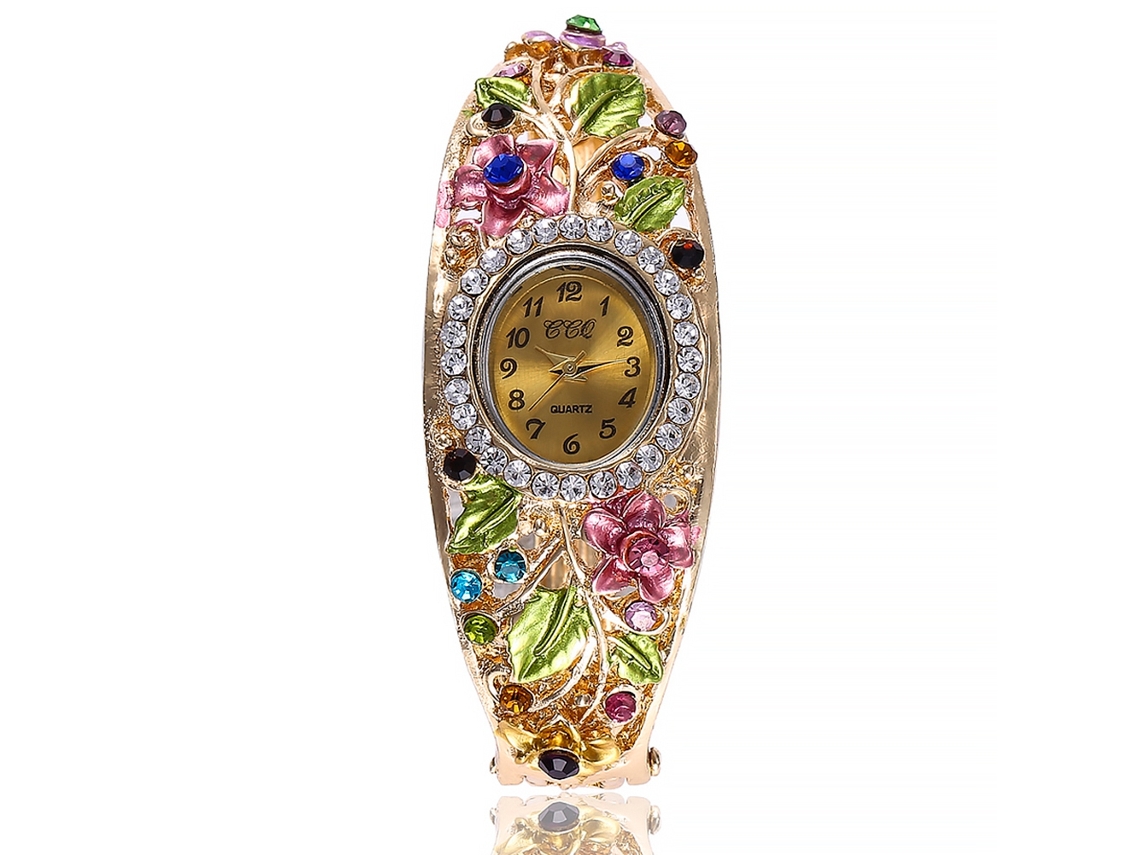 Reloj De Pulsera De Aleación Para Mujer Ccq Con Decoración De Diamantes De Imitación Y Hojas Florales.