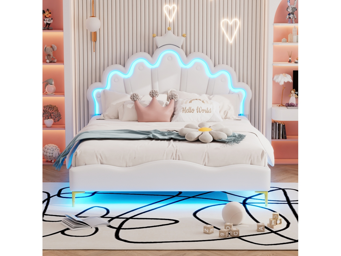 Cama Tapizada Princess De 140x200 Cm Con Iluminación Led, Diseño De Corona, Cama Doble En Pu Blanco, Iluminación Led Regulable.