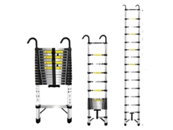 Escalera extensible, diseño telescópico, patas antideslizantes, 5,1 m con gancho.