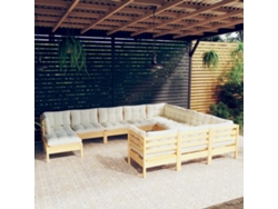 11 Pcs Conjunto Lounge De Jardim C/ Almofadões Cor Creme Pinho Dkd Home Decor