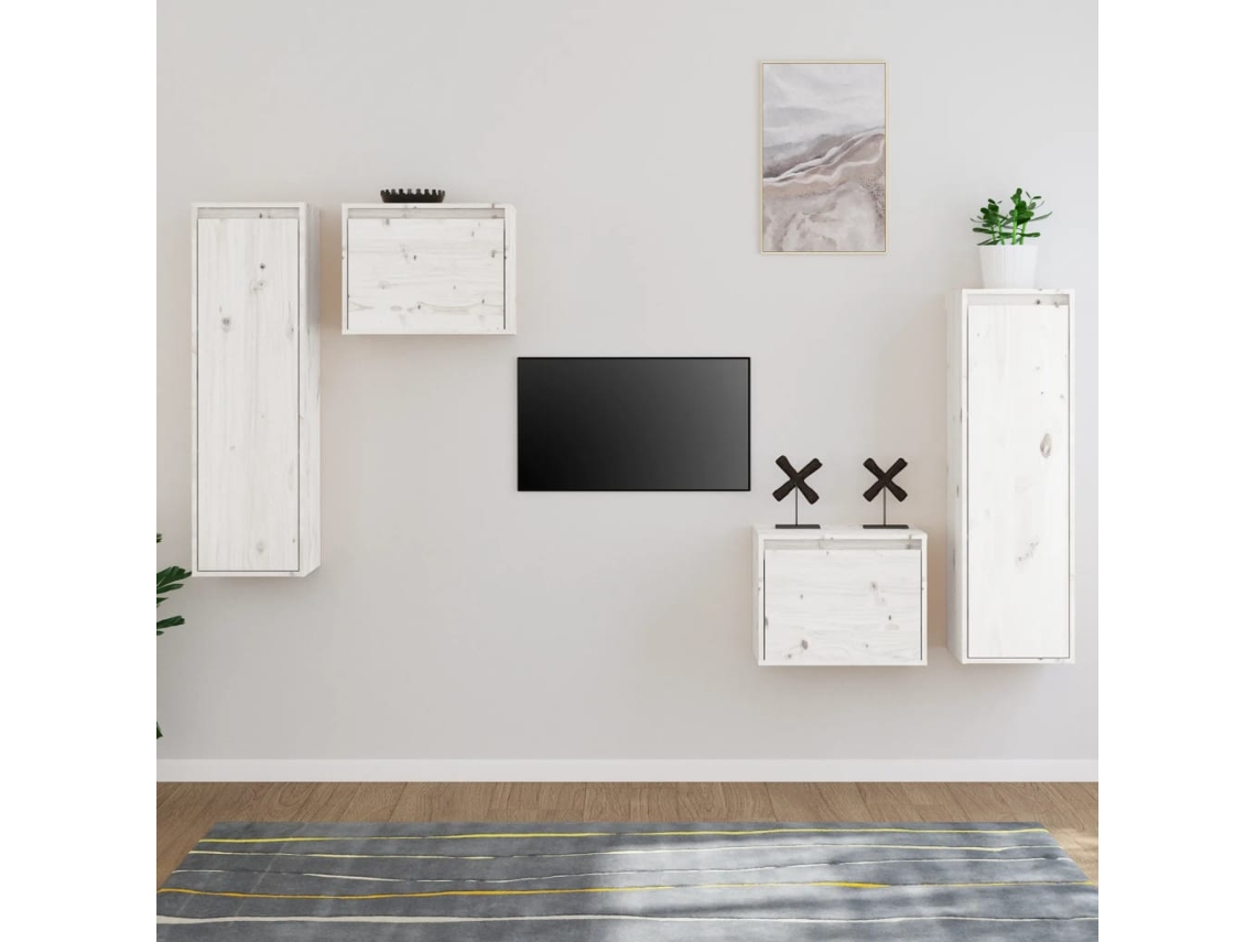 Muebles Para Tv 4 Uds | Armario Para Tv Madera Maciza De Pino Blanco
