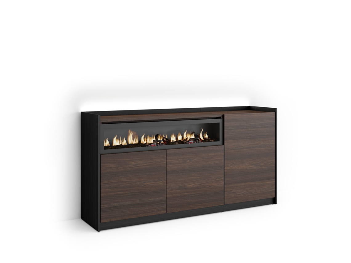 Aparador de comedor, 156x37x80cm, 3 puertas, chimenea eléctrica, iluminación LED, roble oscuro y negro.